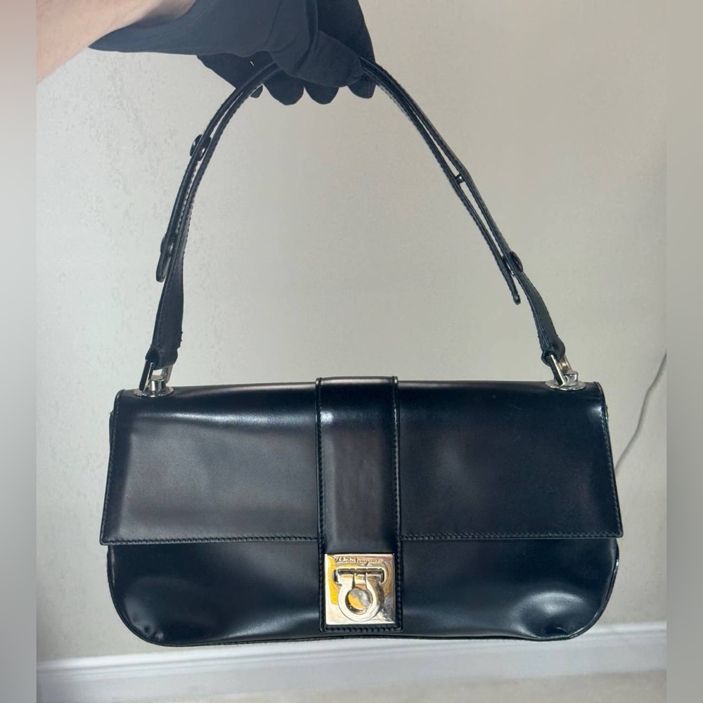 SALVATORE FERRAGAMO Black Leather Handbag Clutch Silver Hardware Shoulder Bag